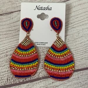 Natasha Multi-Color Beaded Dangle Earrings Striped Felt Back Post Push Back